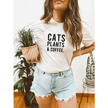 Load image into Gallery viewer, Cats Plants &amp; Coffee. T-Shirt
